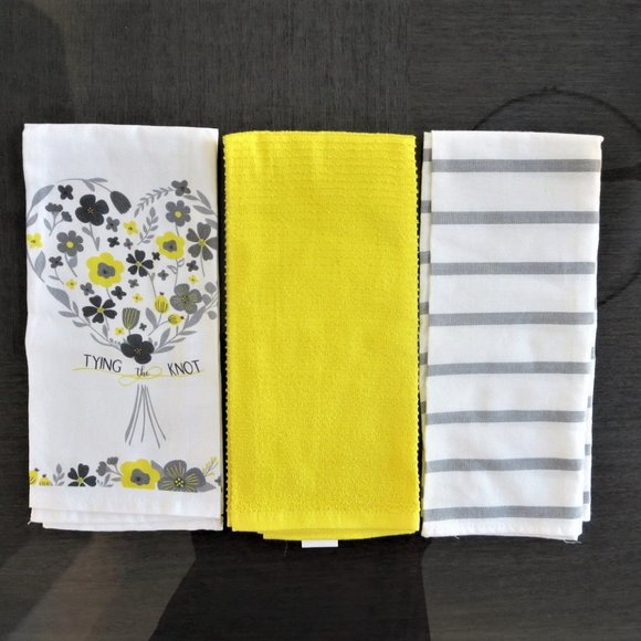 Other - New Set 3 Kitchen Dish Towels Tying the Knot Yellow Grey White Floral Solid Lot